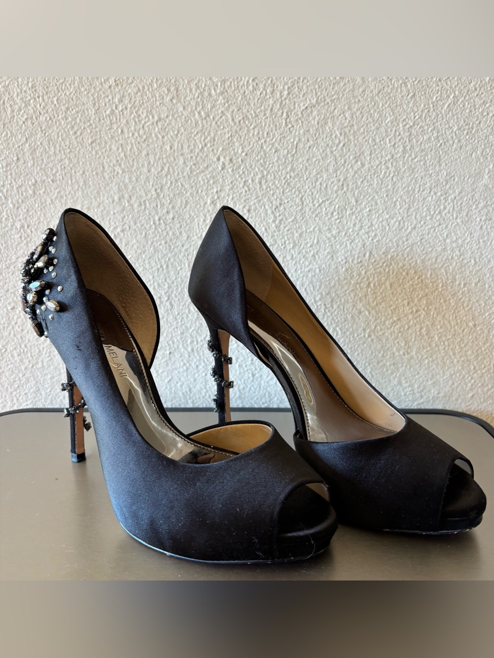 Gorgeous Antonio Melani Black Satin & Rhinestone Peep toe heels. Size 8